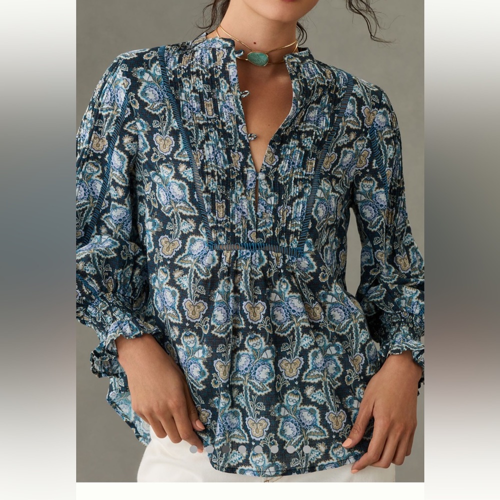 Anthropologie blue Henley peasant blouse size 1x